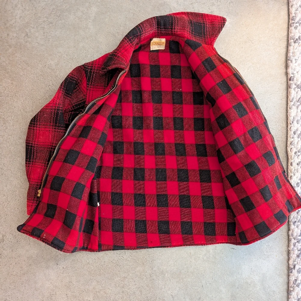 Vintage 60s/70s Wool Field Coat Hunting Red Black Buffalo Check Size 40